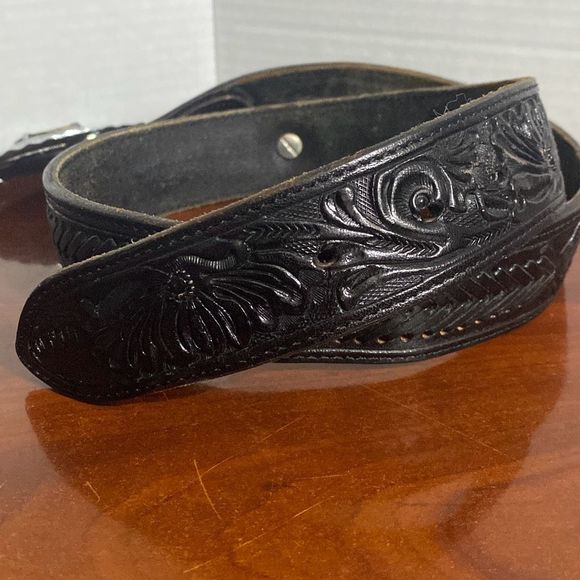 PRCA Rodeo Black Tooled Leather Belt Metal Buckle with Mother of Pearl Adult 34